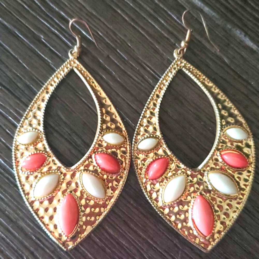 Gold toned & Coral Teardrop Earrings